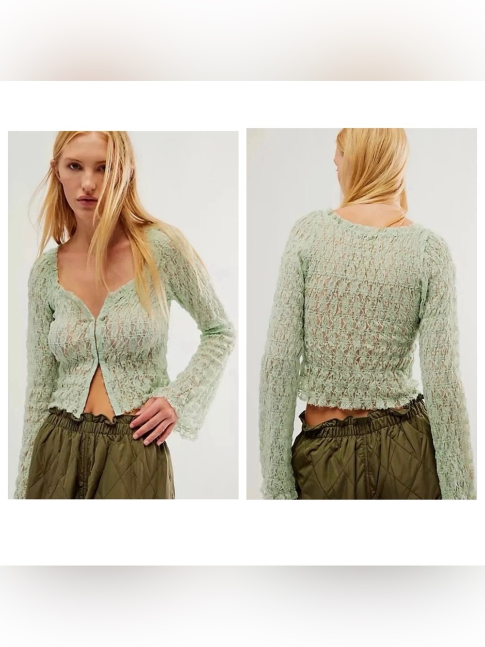 Women's Lace Long-Sleeve Crop Top - Mint Green